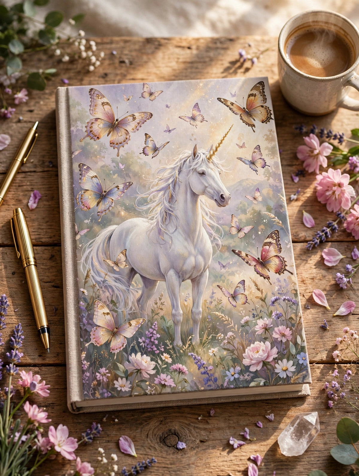 The Butterfly Unicorn Dreams Journal lying flat on a wooden desk in golden light