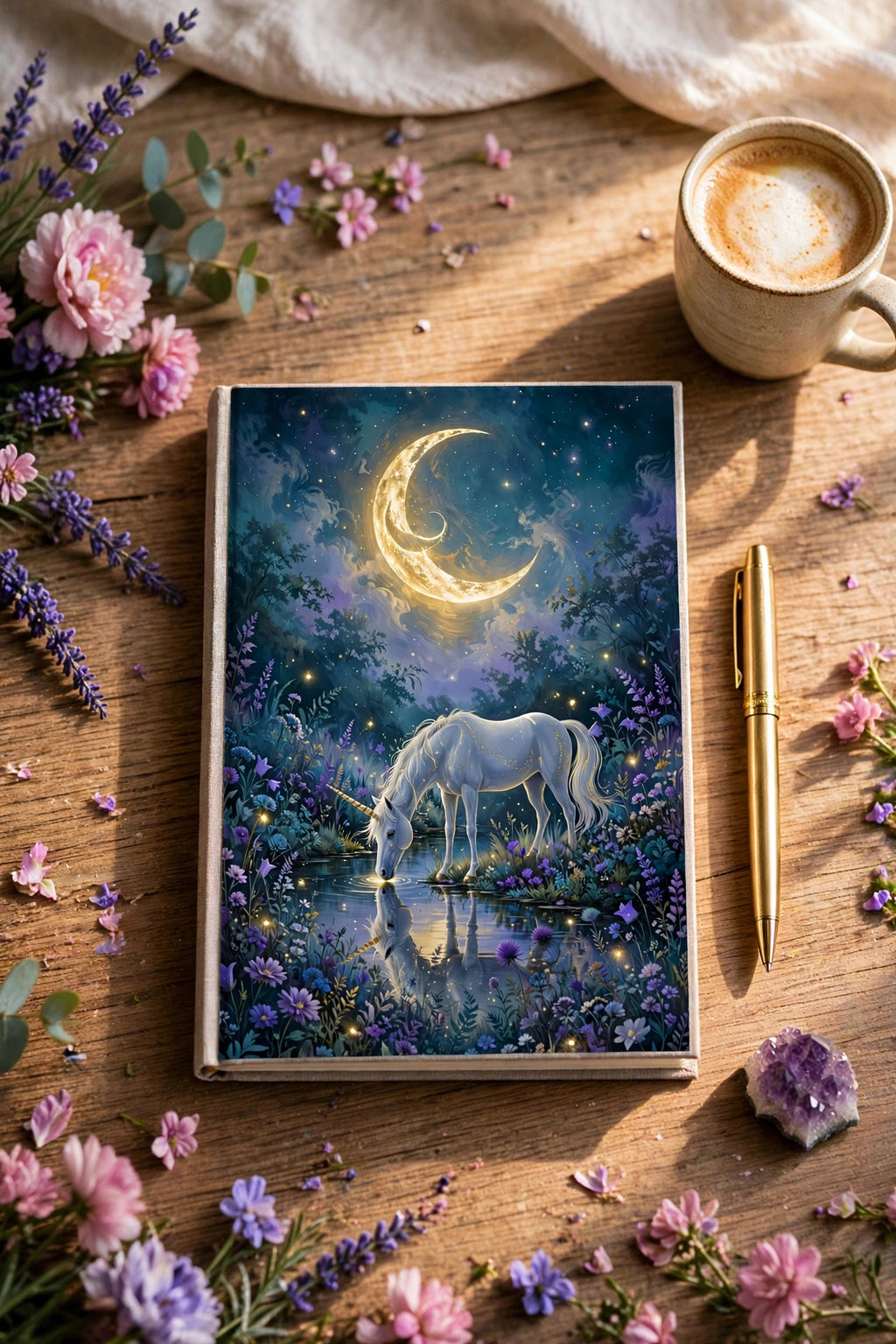 The Moonlit Garden Journal lying flat on a wooden desk in golden light